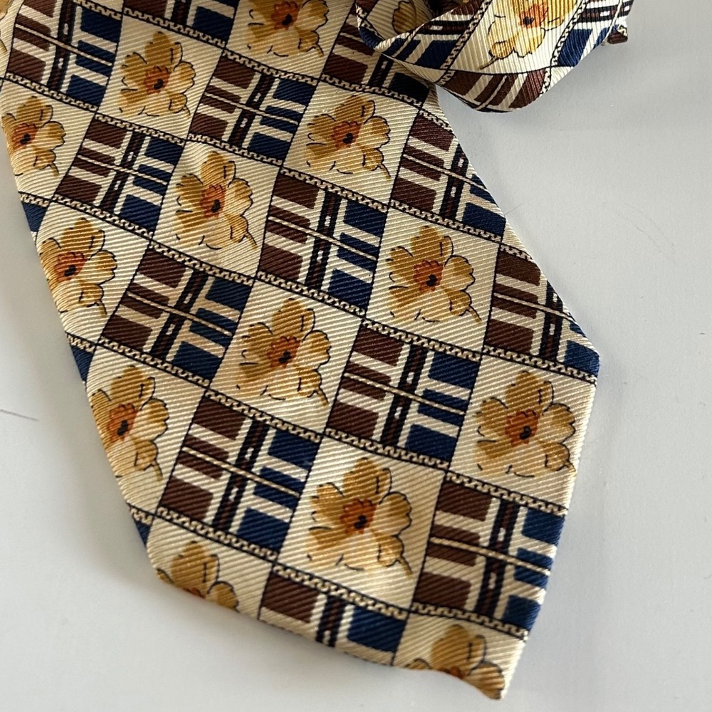 VTG Yves Saint Laurent YSL Silk Necktie Tie Cream Blue Floral Geometric Italy